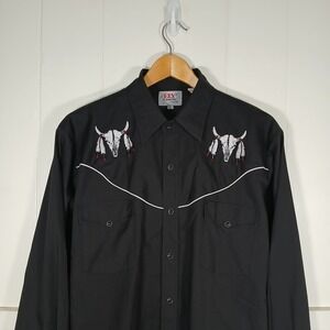 Ely Diamond Steer Skull Embroidered Pearl Snap Western Shirt Mens‎ Large Black